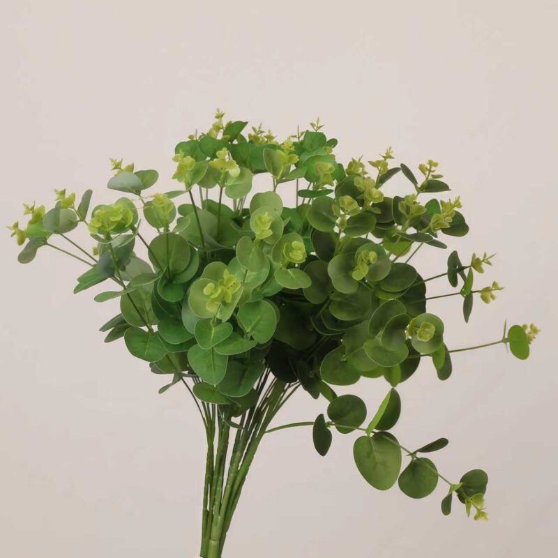 Realistic faux eucalyptus bouquet with layered green round leaves, ideal for wedding decor and modern event floral arrangements