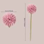 Size chart of pink artificial pom pom chrysanthemum stem showing bloom diameter and total height