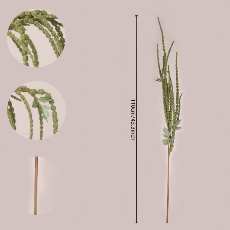 Full-length green faux hanging amaranthus stem with cascading tassels, suitable for wedding decor, event floral arrangements, and hotel displays