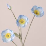 Blue faux poppy stem with silk petals and textured yellow center, designed for wedding decor and event floral arrangements.