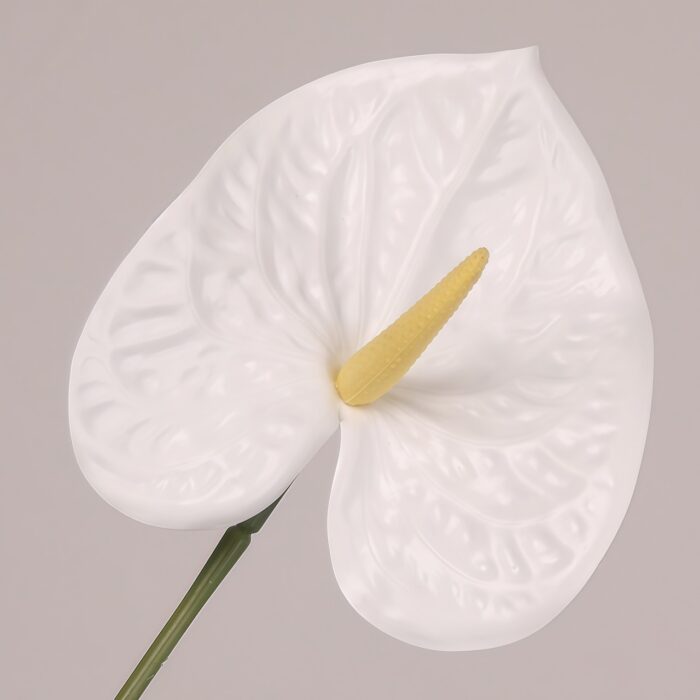 White faux anthurium stem with smooth spathe and realistic yellow spadix, perfect for wedding decor and elegant event styling