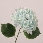 Mint green faux hydrangea stem with soft petals and natural leaf texture, ideal for wedding decor and modern event styling
