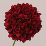 Red faux hydrangea ball stem with dense velvet-like petals, bold color, perfect for wedding decor and event floral arrangements