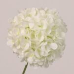 White faux hydrangea ball stem with full rounded petals and soft texture, ideal for wedding decor and elegant event floral styling