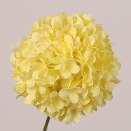 Yellow faux hydrangea ball stem with layered petals and bright tone, suitable for wedding decor and event floral arrangements