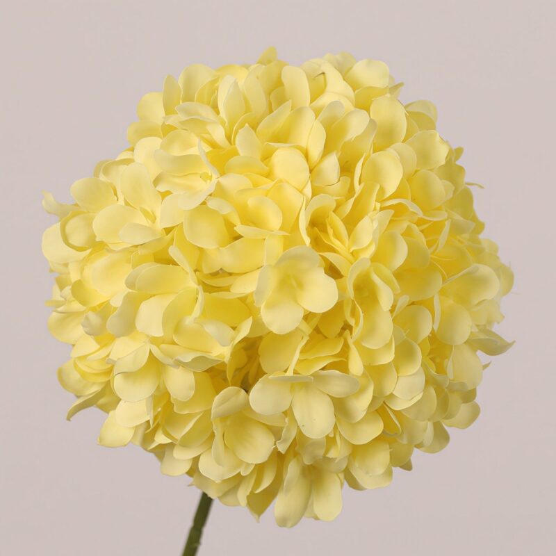Yellow faux hydrangea ball stem with layered petals and bright tone, suitable for wedding decor and event floral arrangements