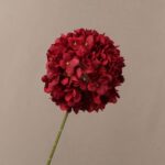 Red faux hydrangea ball stem with dense velvet-like petals, bold color, perfect for wedding decor and event floral arrangements