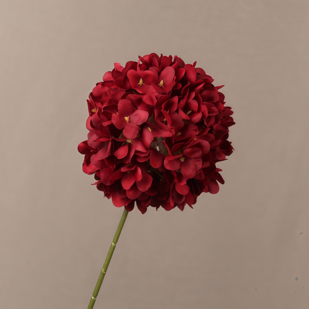 Red faux hydrangea ball stem with dense velvet-like petals, bold color, perfect for wedding decor and event floral arrangements