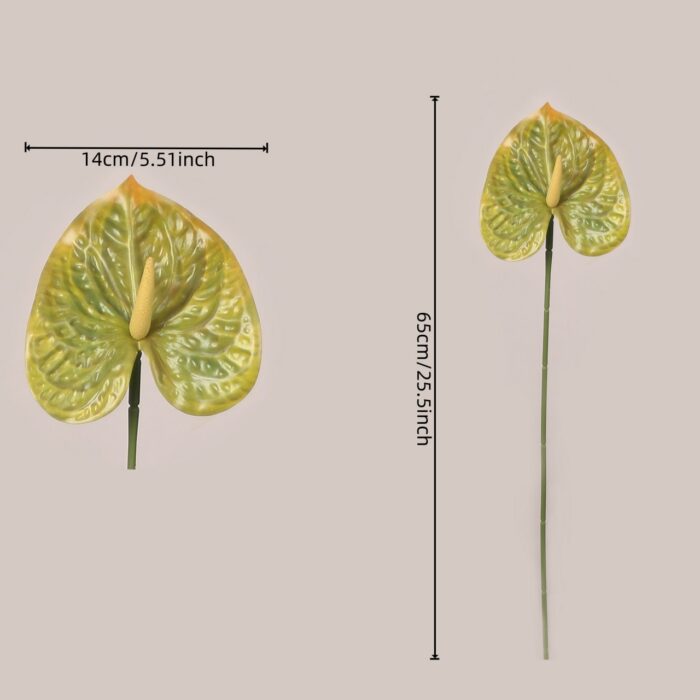 Green faux anthurium stem size detail showing textured spathe and long stem for event floral planning