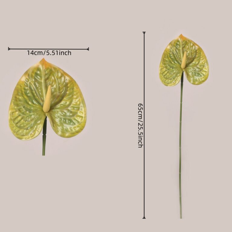 Green faux anthurium stem size detail showing textured spathe and long stem for event floral planning
