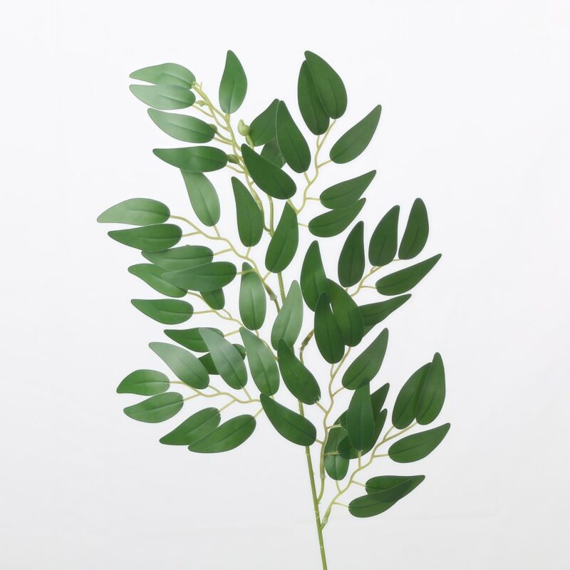 Artificial oval eucalyptus-style leaf spray in matte deep green.
