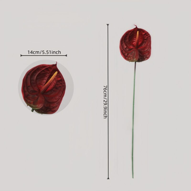 Red faux anthurium stem measuring 14cm bloom width and 76cm length for wedding decor and event floral arrangement applications
