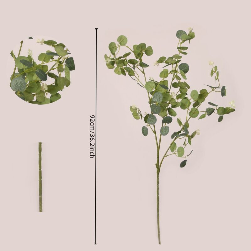 Realistic faux eucalyptus stem with round green leaves and branching structure for wedding decor and event floral arrangements