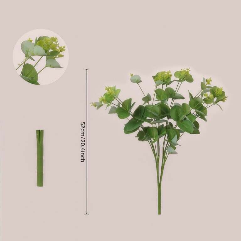 Tall faux eucalyptus stem shown with size reference for large scale wedding decor and professional event floral design