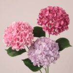 Mixed pastel faux hydrangea stems with lavender, white, and mint blooms, realistic petals and leaves for wedding decor and event floral arrangement