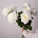 Cream peach and white faux rose stems with lush layered petals and green foliage for wedding and event floral arrangements