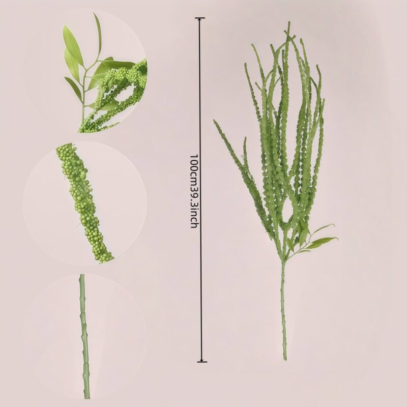 Full display of green artificial amaranthus stem with detail close-ups of texture, leaves and stem.