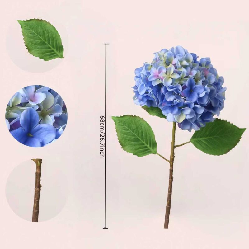 Blue artificial hydrangea size reference with stem length and bloom diameter comparison