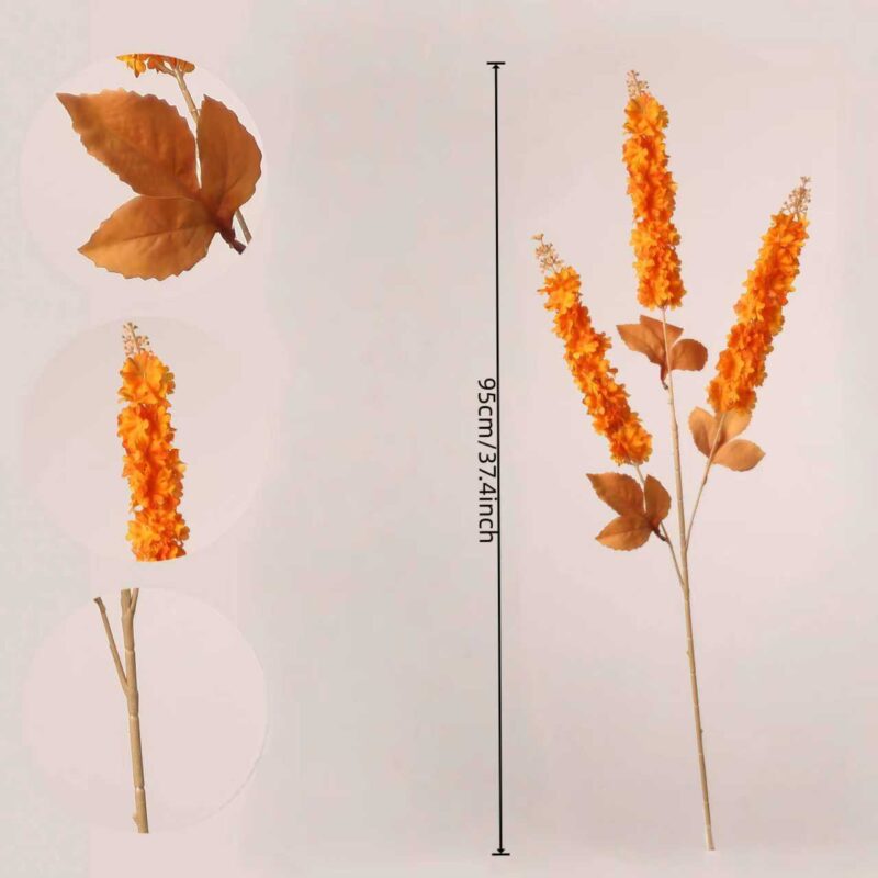 Size chart of orange artificial wheat grass stems for bouquets, wedding centerpieces and event floral design