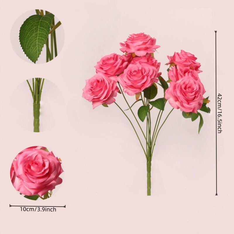 7 Head Artificial Rose Bouquet – Bright Pink Faux Roses with Green Leaves & Flexible Stems