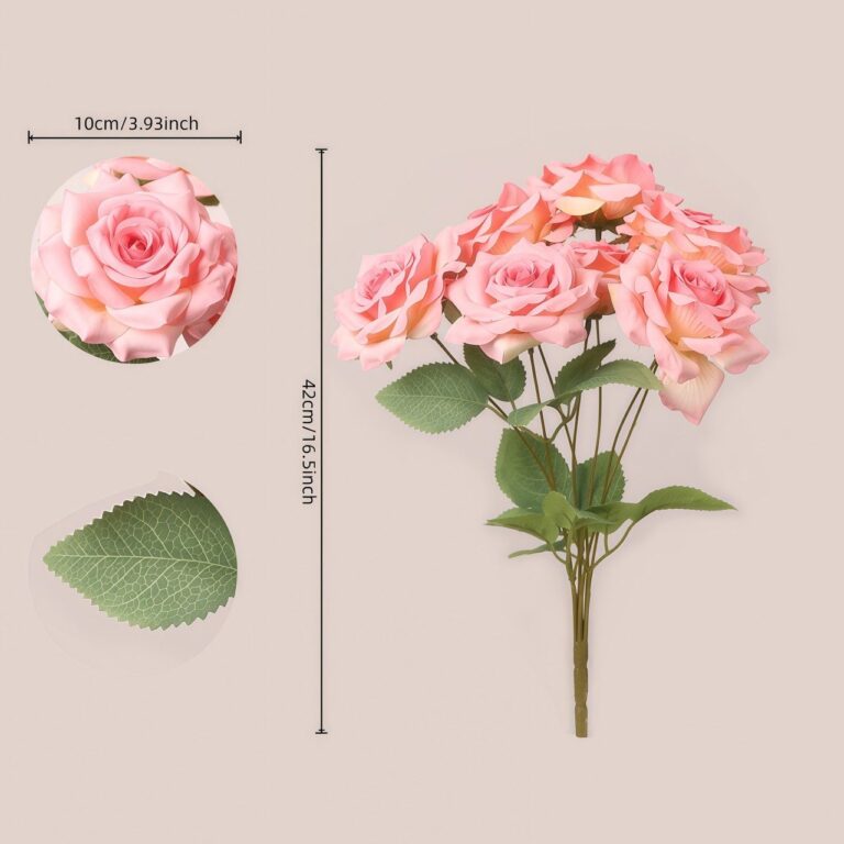 7 Head Artificial Rose Bouquet – Bright Pink Faux Roses with Green Leaves & Flexible Stems