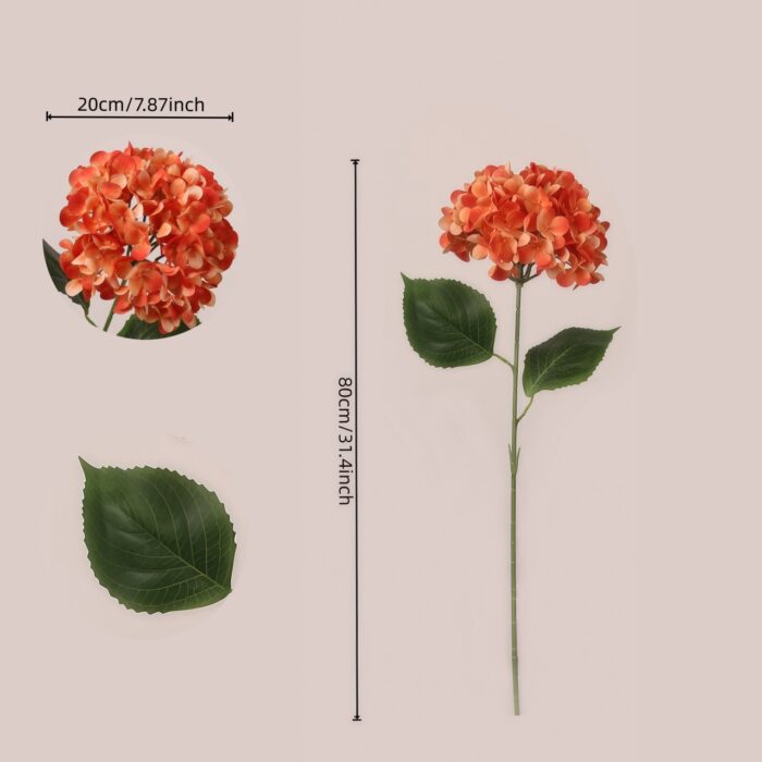 Orange faux hydrangea stem size detail showing full bloom, realistic leaf, and long stem for wedding decor and event floral planning