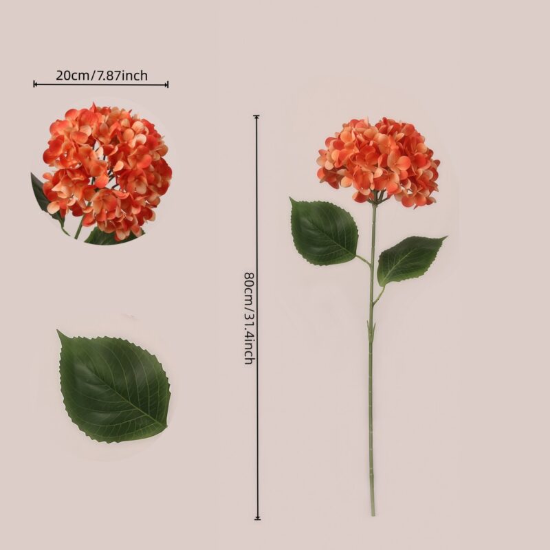 Orange faux hydrangea stem size detail showing full bloom, realistic leaf, and long stem for wedding decor and event floral planning