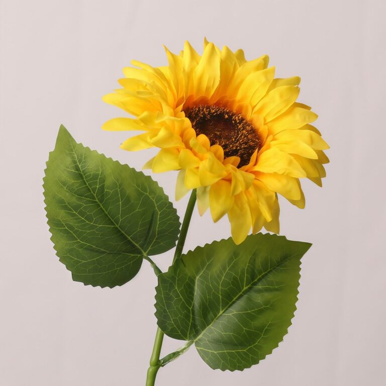 Artificial sunflower stem with yellow petals and green leaves – silk sunflower for arrangements, home décor and floral styling.
