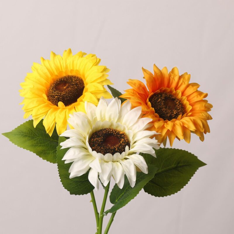 Artificial mixed sunflower stems in white, yellow and orange – silk sunflower bundle for bouquets, wedding décor and floral design.