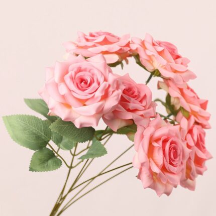 Cherry Pink 7-Head Artificial Rose Bouquet for Bridal Bouquets