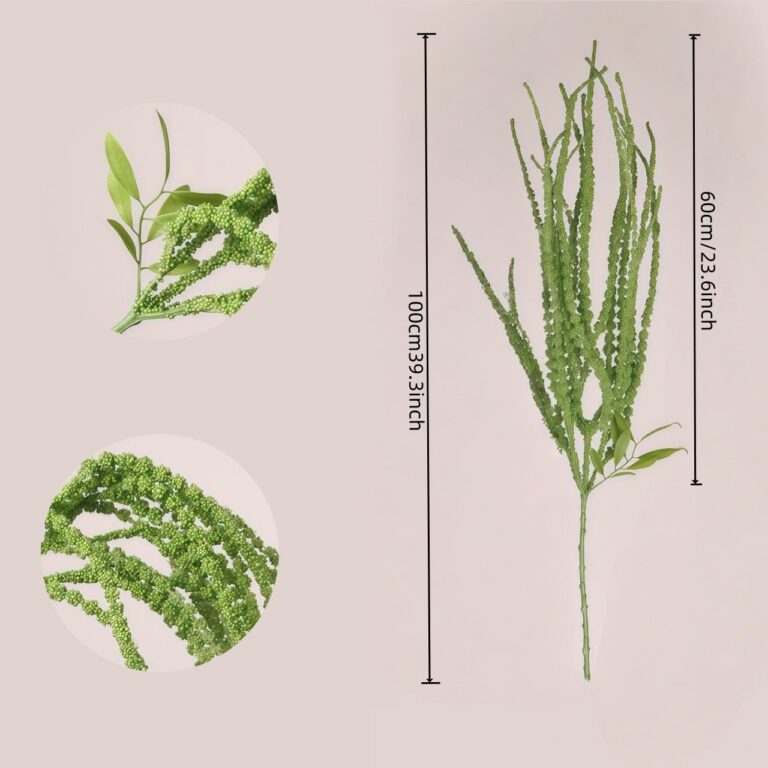 Full display of green artificial amaranthus stem with detail close-ups of texture, leaves and stem.