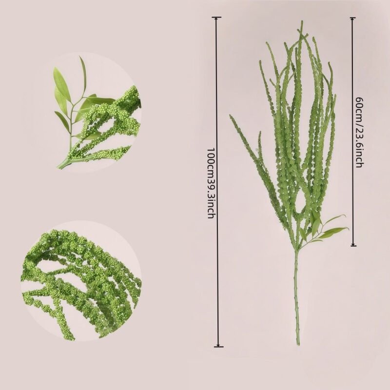 Full display of green artificial amaranthus stem with detail close-ups of texture, leaves and stem.