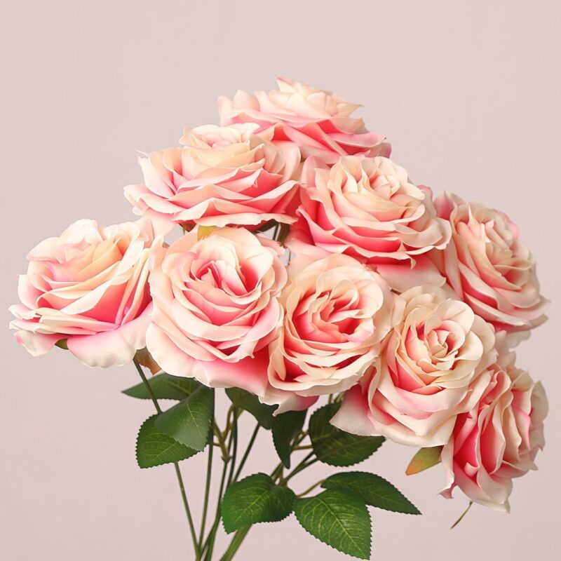 9 heads champagne pink ombre artificial rose bouquet, realistic wedding faux flowers