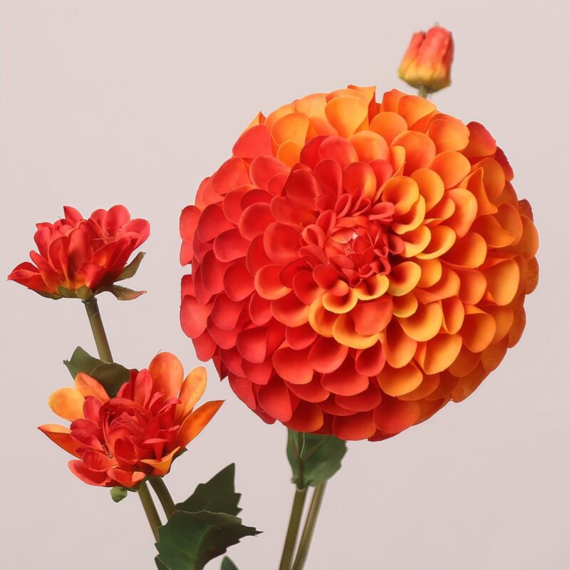 Artificial silk dahlia stem in orange yellow with large bloom & buds – faux flower for wedding décor & home arrangements