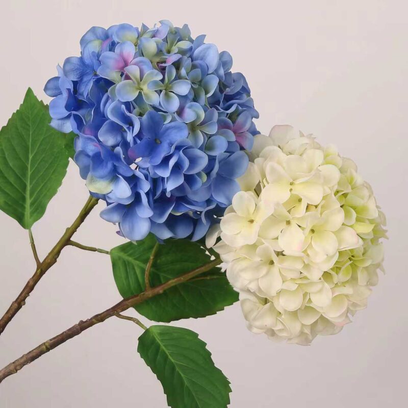 Artificial hydrangea stem with blue and white bloom heads for home and wedding floral decoration
