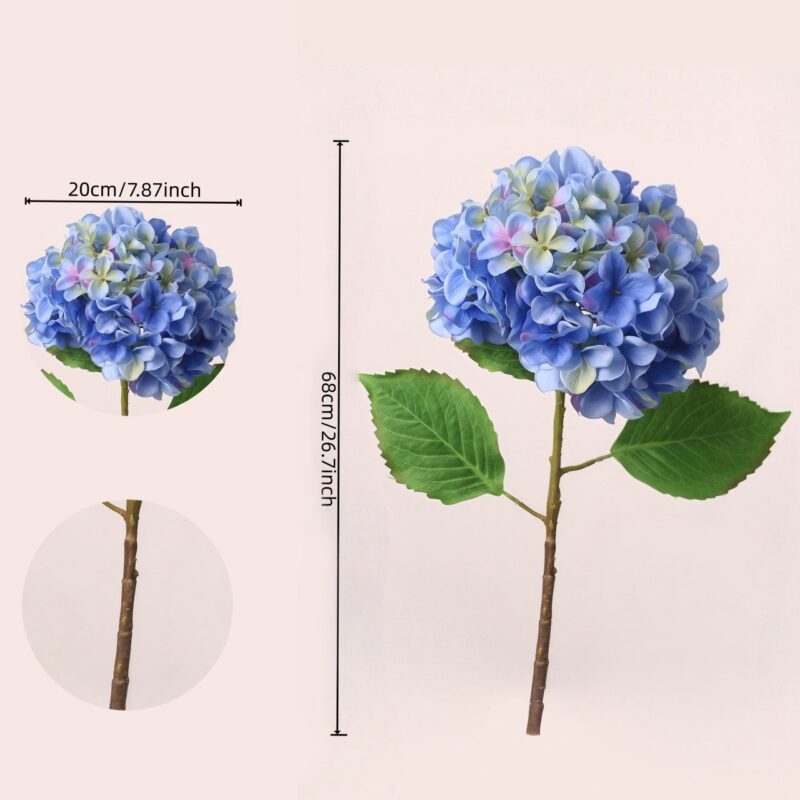 Blue artificial hydrangea size reference with stem length and bloom diameter comparison