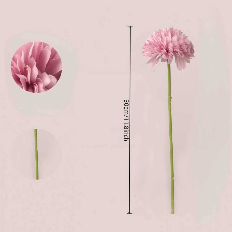 Size chart of pink artificial pom pom chrysanthemum stem showing bloom diameter and total height