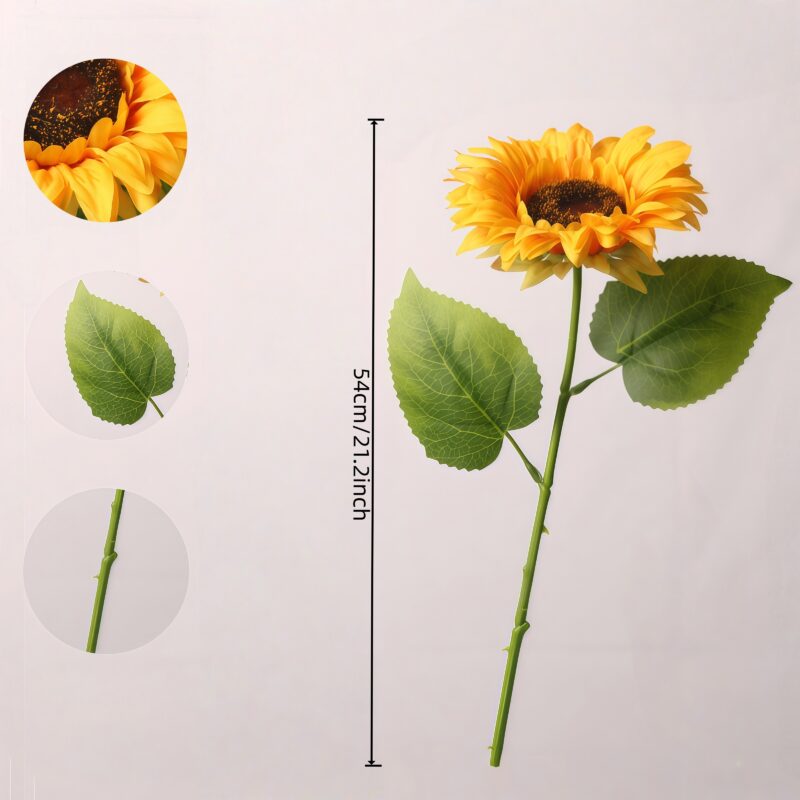 Detailed view of artificial sunflower stem showing bloom size and leaf structure – product display for silk sunflower collection.