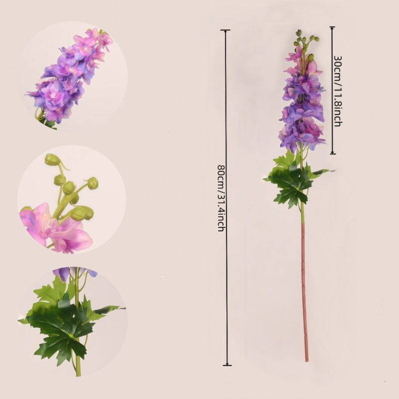 urple faux delphinium spray with layered blooms, lush green leaves, and a tall stem ideal for wedding decor and event floral arrangements.