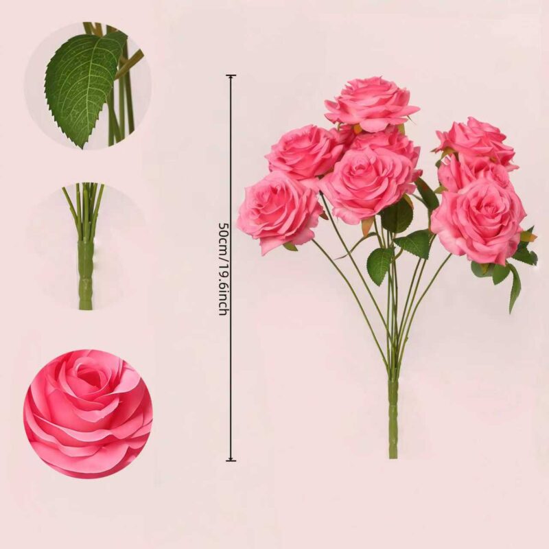 7 Head Artificial Rose Bouquet – Bright Pink Faux Roses with Green Leaves & Flexible Stems