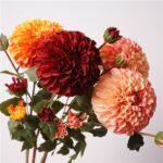Artificial silk dahlia stem in orange yellow with large bloom & buds – faux flower for wedding décor & home arrangements