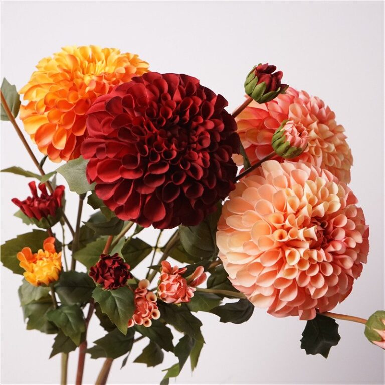 Artificial silk dahlia stem in orange yellow with large bloom & buds – faux flower for wedding décor & home arrangements