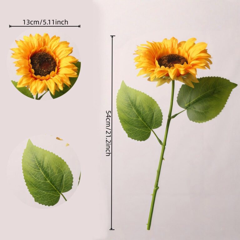 Detailed view of artificial sunflower stem showing bloom size and leaf structure – product display for silk sunflower collection.