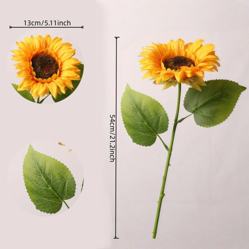 Detailed view of artificial sunflower stem showing bloom size and leaf structure – product display for silk sunflower collection.