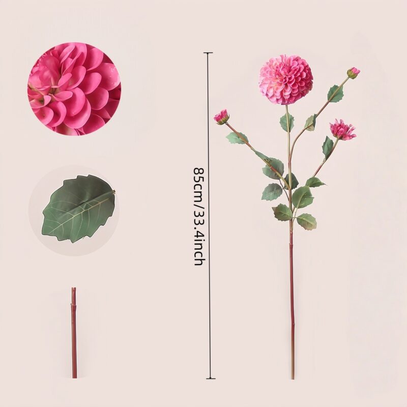 Size chart of pink artificial flowers - chrysanthemum and dahlia stems for wedding decor and floral arrangements