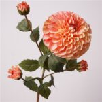 Peach coral artificial dahlia stem with one big bloom and flower buds – silk faux flower for arrangements & décor.