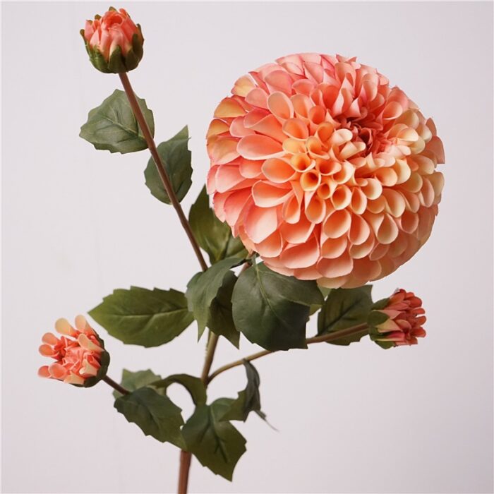 Peach coral artificial dahlia stem with one big bloom and flower buds – silk faux flower for arrangements & décor.