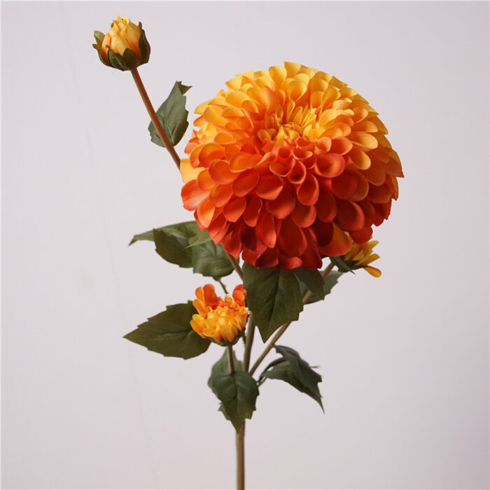 Artificial dahlia stem in orange yellow - silk dahlia with 1 large bloom and buds, home décor & wedding floral supply