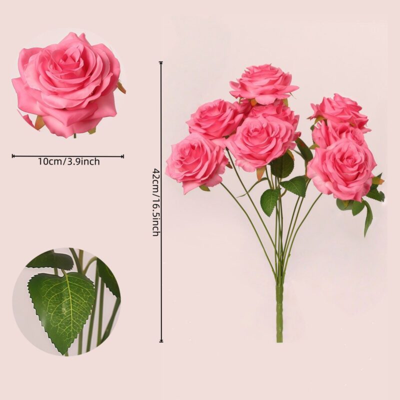 9 Head Artificial Rose Bouquet – Bright Pink Faux Roses with Green Leaves & Flexible Stems