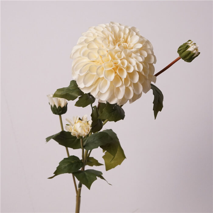 Pure white artificial dahlia stem with 1 large bloom and side buds – silk faux flower for weddings & elegant arrangements.
